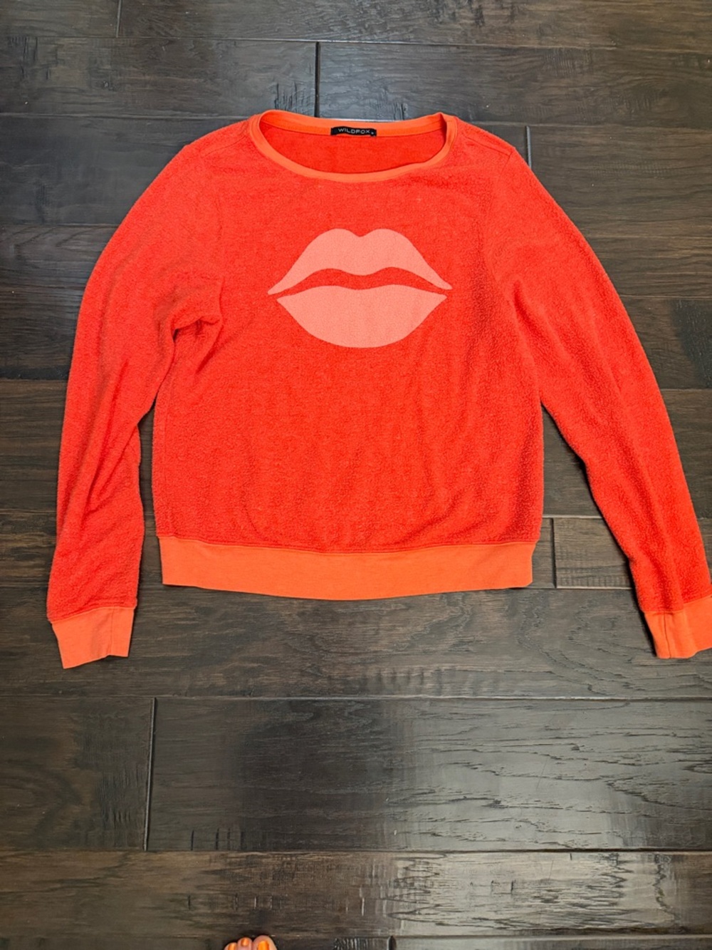 Wildfox Sweatshirt Bright Orange Crewneck with Pink Lip Graphic